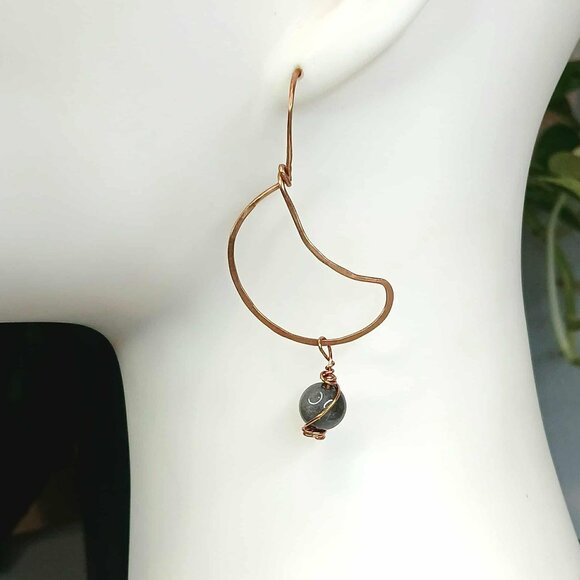 BOGO EARRINGS Black obsidian crescent moon beaded dangle earrings, 2.5" - Picture 1 of 5